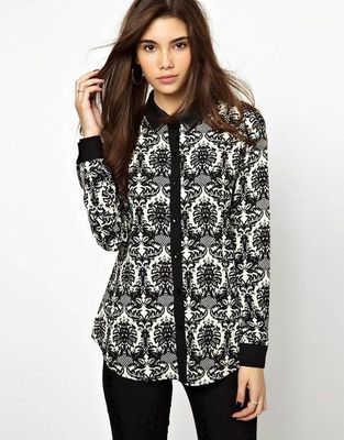 2014夏季歐美款經(jīng)典黑白復(fù)古印花長(zhǎng)袖拼接襯衫 一款歷久彌新的女裝批發(fā)焦點(diǎn)